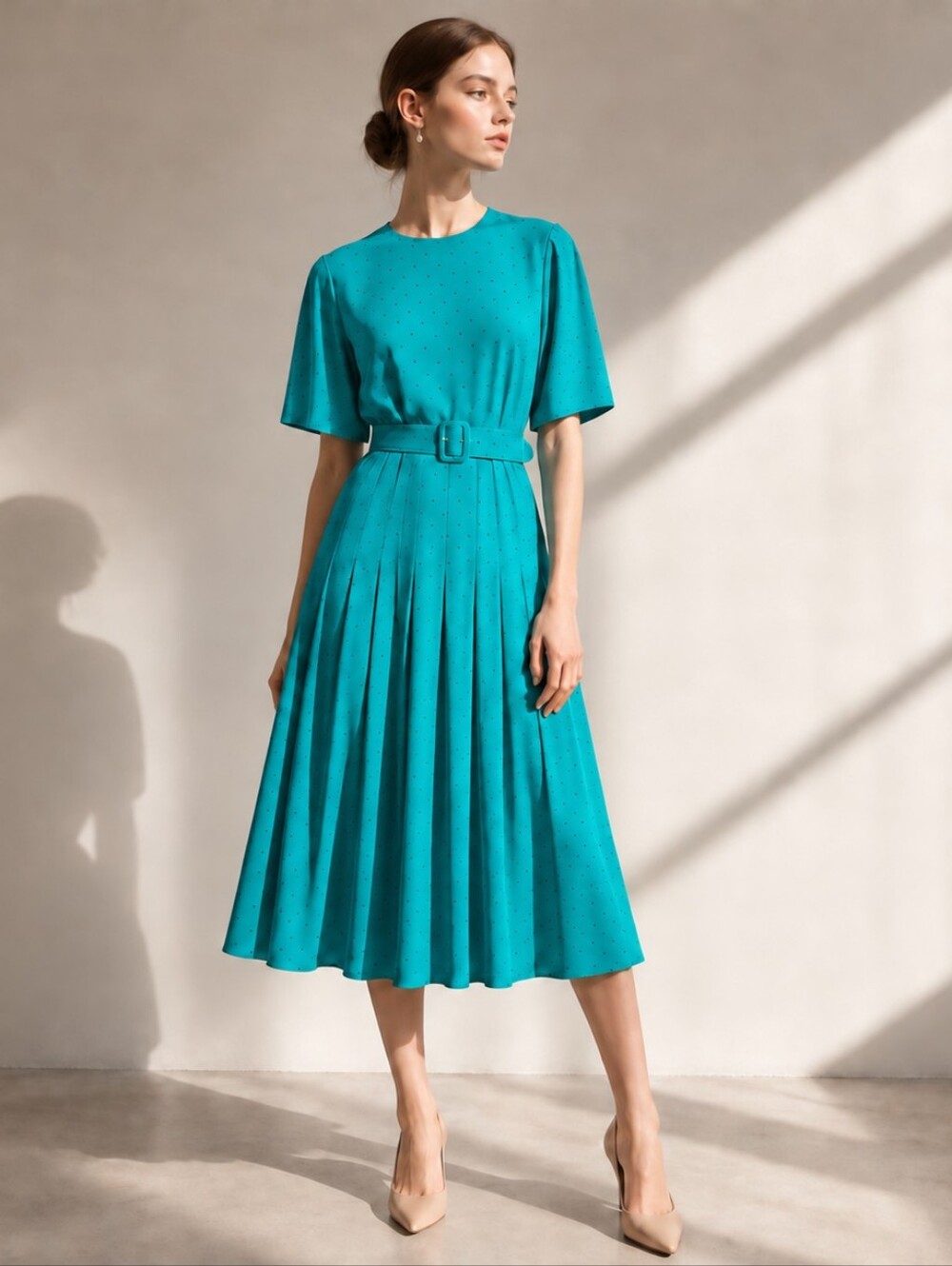 Vintage 80s Teal Polka Dot Shirt Dress Size S Black Pleated Midi Retro Academia